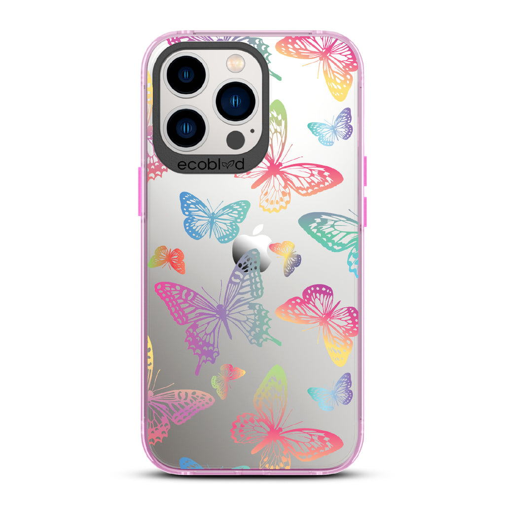 Butterfly Effect - Pink Eco-Friendly iPhone 13 Pro Case With Multi-Colored Neon Butterflies On A Clear Back