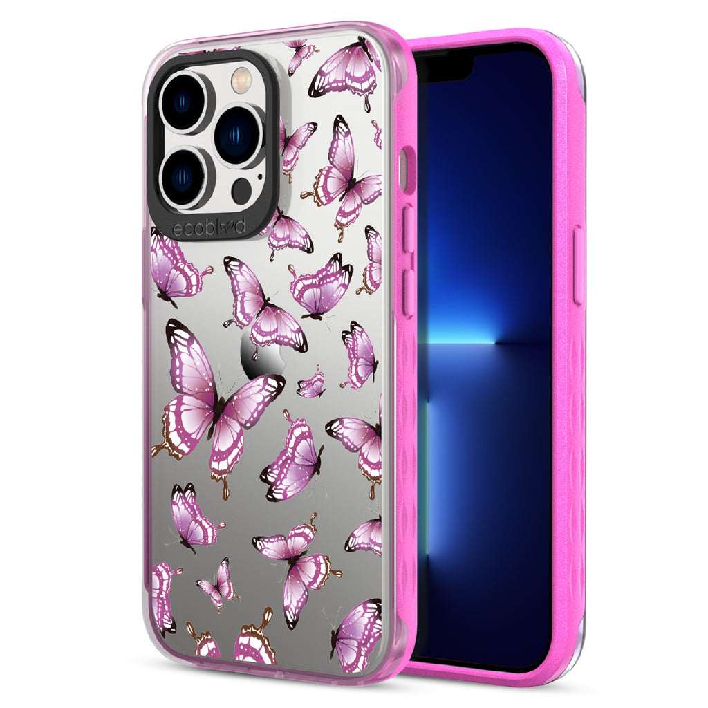 Social Butterfly - Back View Of Pink & Clear Eco-Friendly iPhone 12/13 Pro Max Case & A Front View Of The Screen