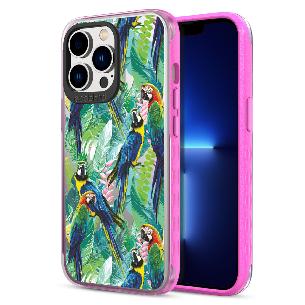 Macaw Medley - Back View Of Pink & Clear Eco-Friendly iPhone 13 Pro Case & A Front View Of The Screen