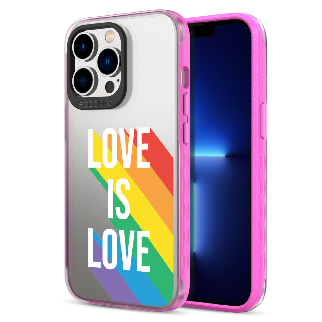 Spectrum Of Love - Back View Of Pink & Clear Eco-Friendly iPhone 12/13 Pro Max Case & A Front View Of The Screen