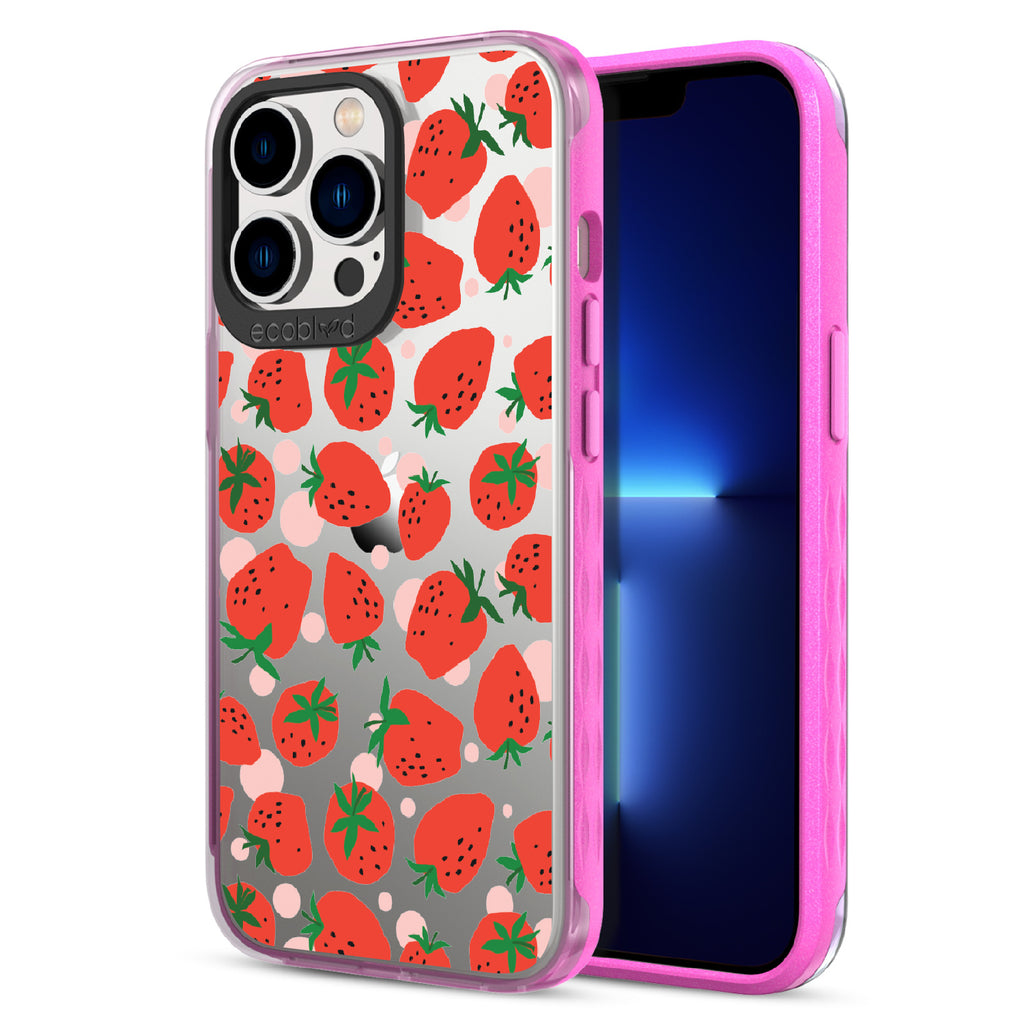 Strawberry Fields - Back View Of Pink & Clear Eco-Friendly iPhone 12/13 Pro Max Case & A Front View Of The Screen