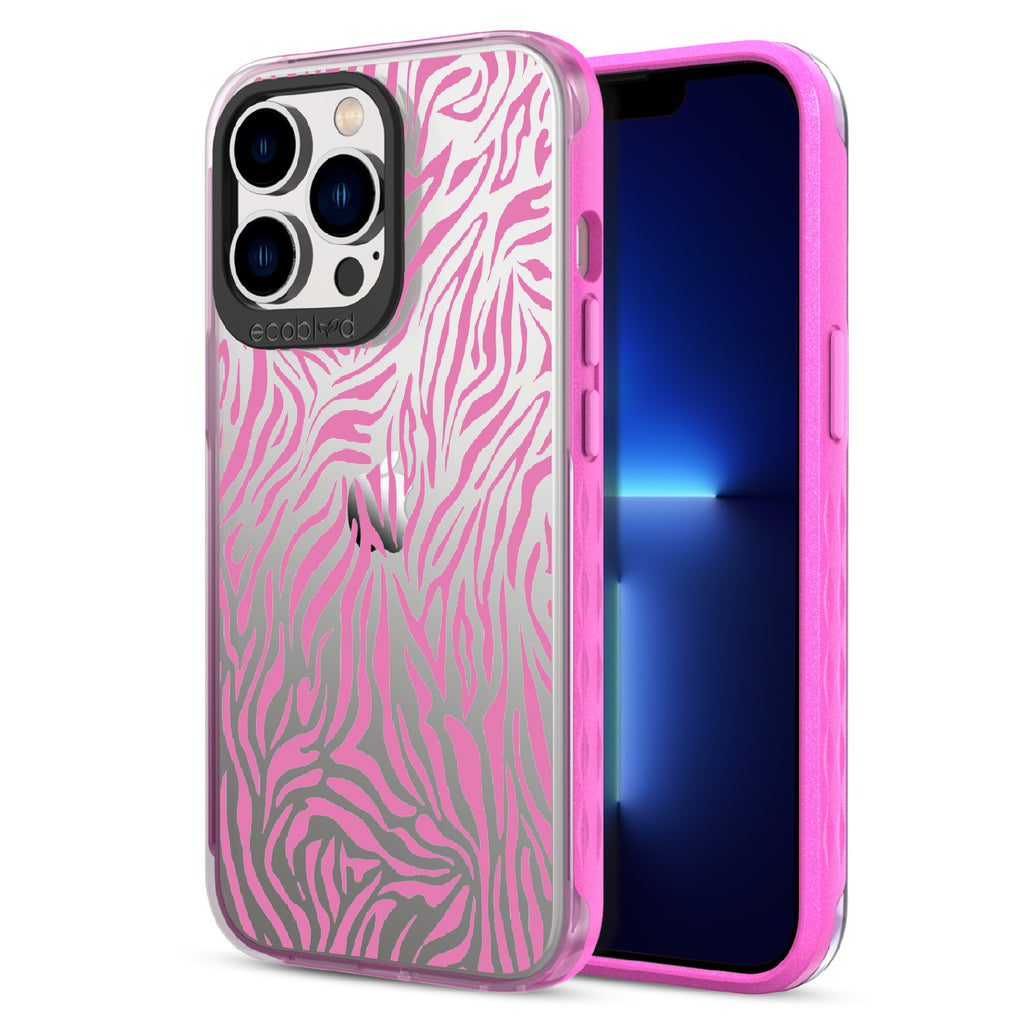 Zebra Print - Back View Of Pink & Clear Eco-Friendly iPhone 13 Pro Case & A Front View Of The Screen