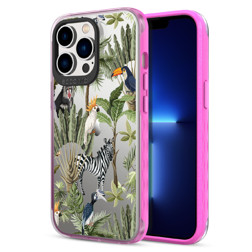Toucan Play That Game - Back View Of Pink & Clear Eco-Friendly iPhone 12/13 Pro Max Case & A Front View Of The Screen