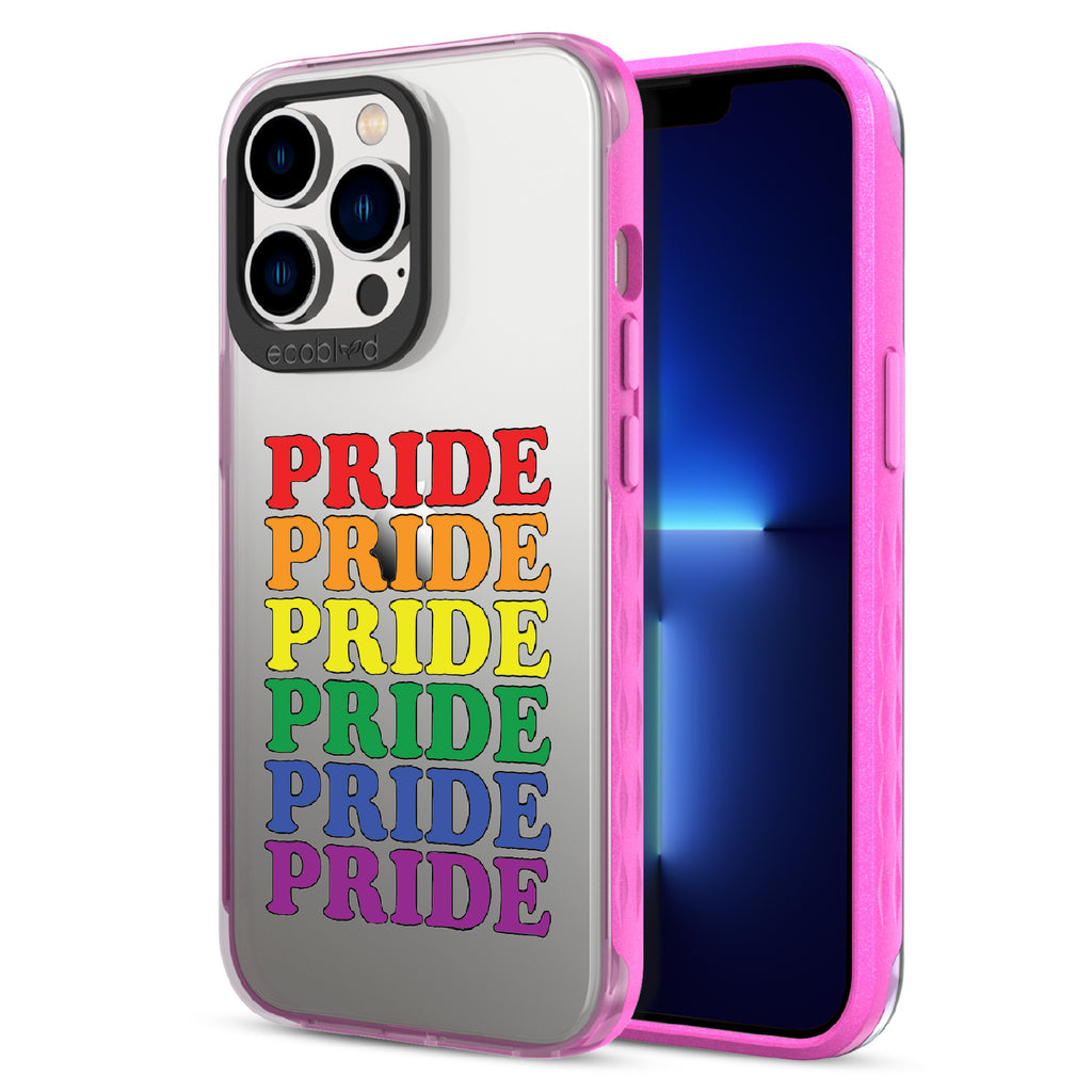 Pride Camp - Pink Eco-Friendly iPhone 12/13 Pro Max Case With Pride Stacked In Multiple Rainbow Colors On A Clear Back