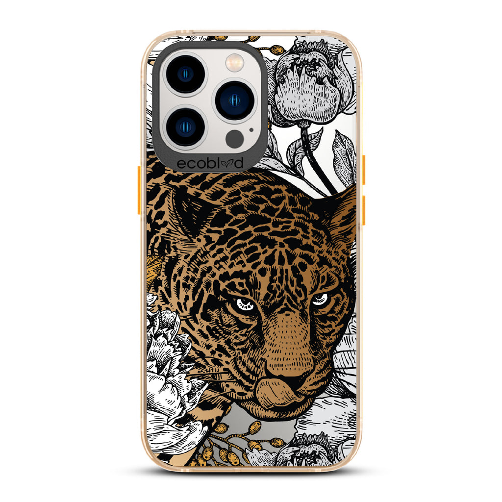 Purrfectly Striking - Yellow Eco-Friendly iPhone 12/13 Pro Max Case With Leopard, Black/Grey Flowers On A Clear Back