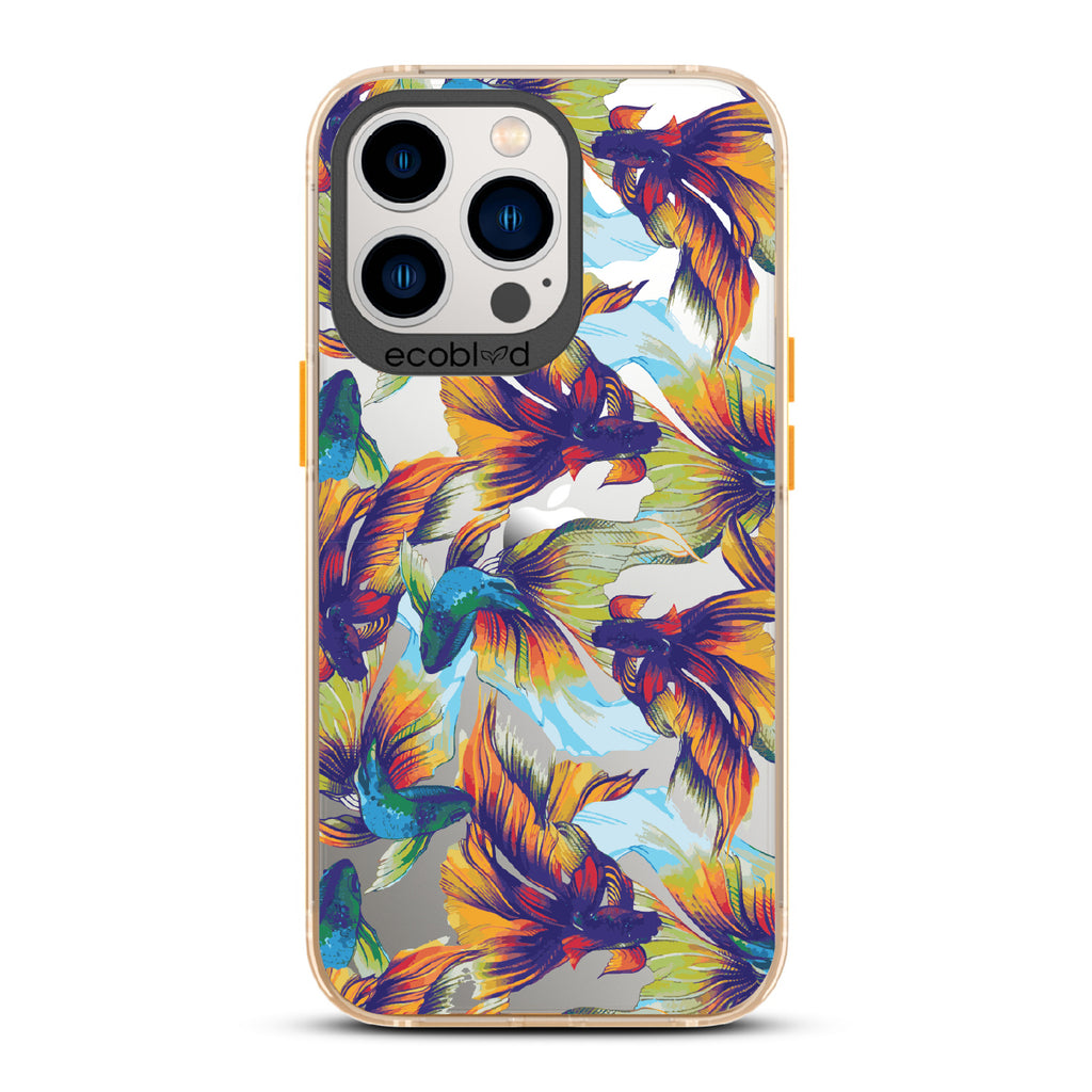 Betta Than The Rest - Yellow Eco-Friendly iPhone 12/13 Pro Max Case With Colorful Betta Fish On A Clear Back