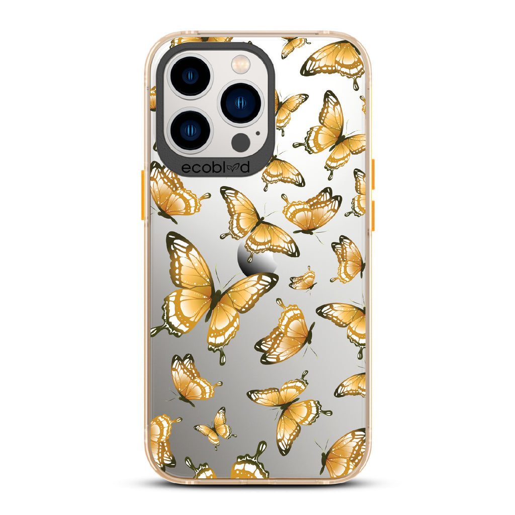 Social Butterfly - Yellow Eco-Friendly iPhone 12/13 Pro Max Case With Yellow Butterflies On A Clear Back - Compostable