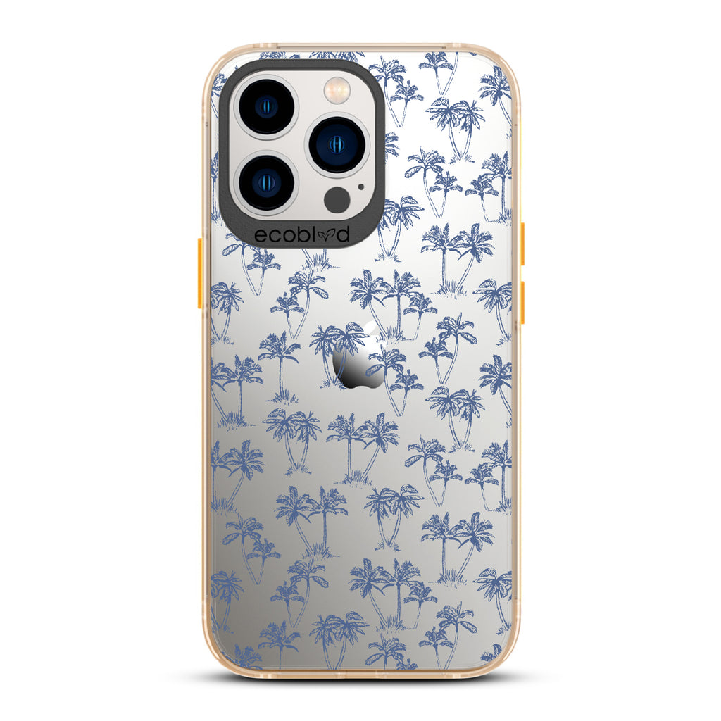Endless Summer - Yellow Eco-Friendly iPhone 12/13 Pro Max Case With 50's-Style Blue Palm Trees Print On A Clear Back
