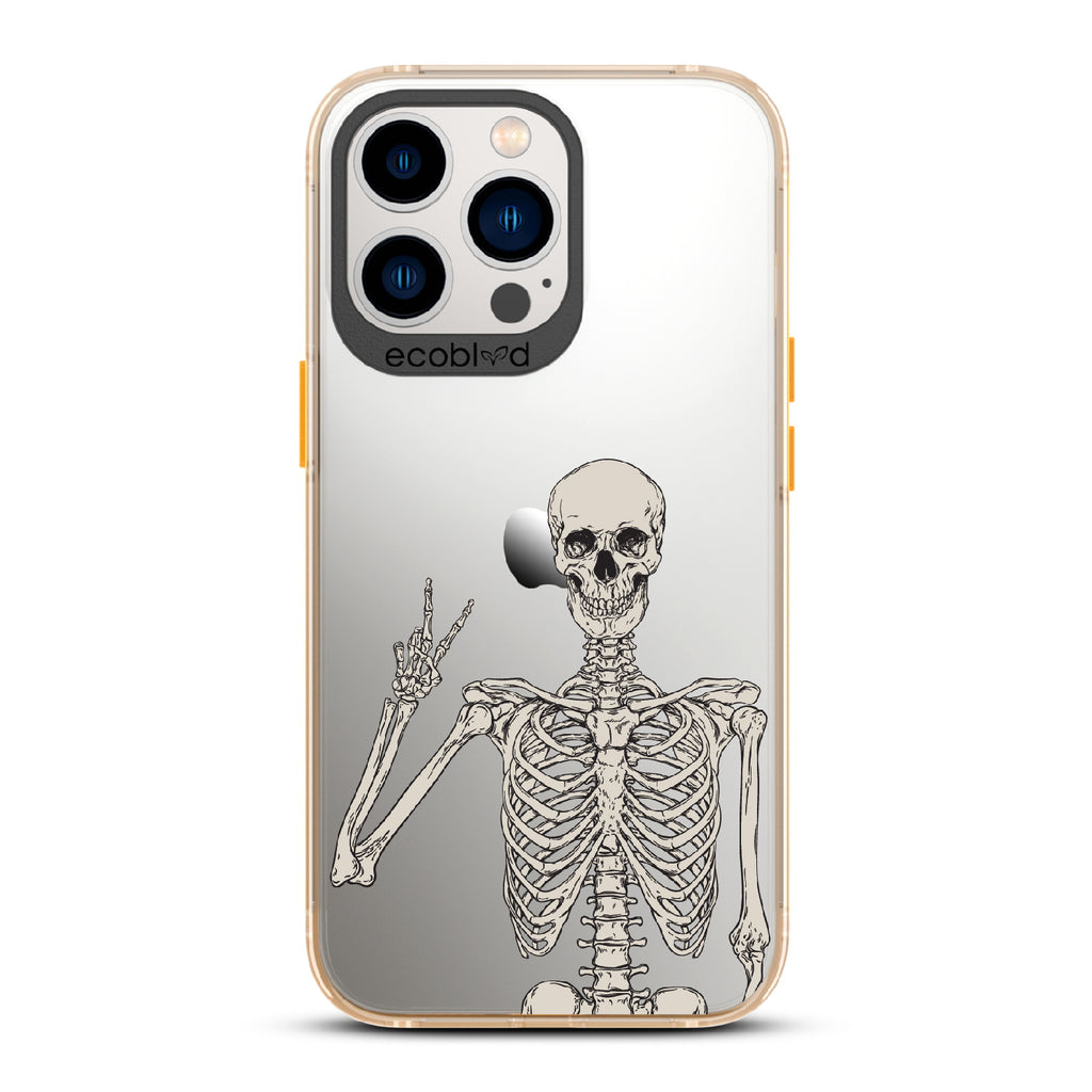Creepin' It Real - Yellow  Eco-Friendly iPhone 13 Pro Case With Skeleton Giving A Peace Sign On A Clear Back