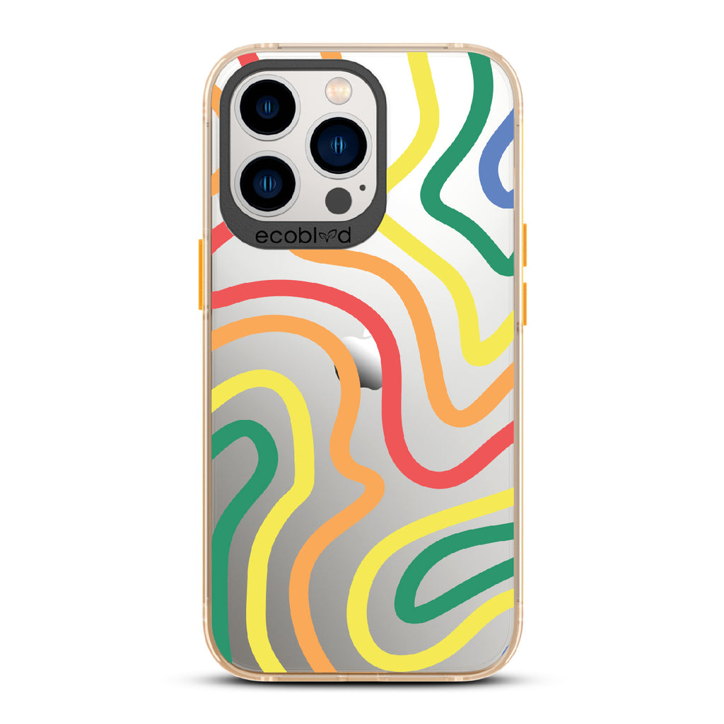 True Colors - Yellow Eco-Friendly iPhone 12/13 Pro Max Case With Abstract Lines In Different Colors Of The Rainbow On A Clear Back