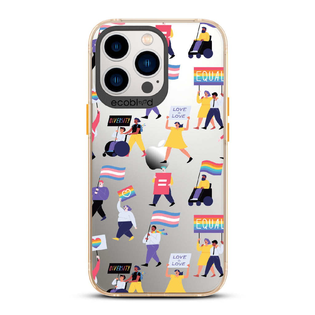All Together Now - Yellow Eco-Friendly iPhone 13 Pro Case With Pride March For People Of All Identities On A Clear Back