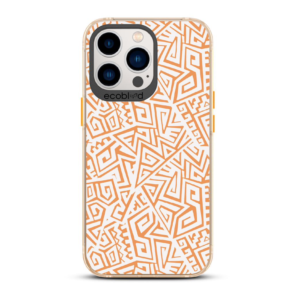 Beyond Borders - Abstract Inca/Kuba/Maori Art  - Eco-Friendly Clear iPhone 13 Pro Case With Yellow Rim 