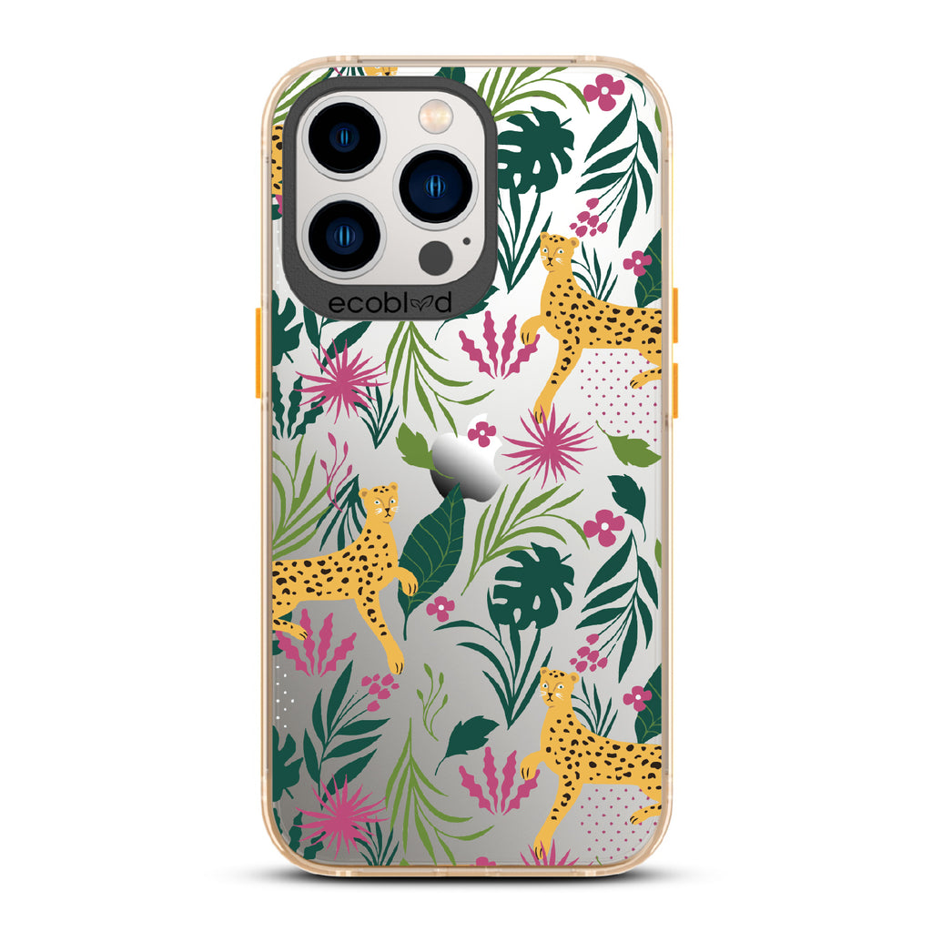 Jungle Boogie - Yellow Eco-Friendly iPhone 13 Pro Case With Cheetahs Among Lush Colorful Jungle Foliage On A Clear Back