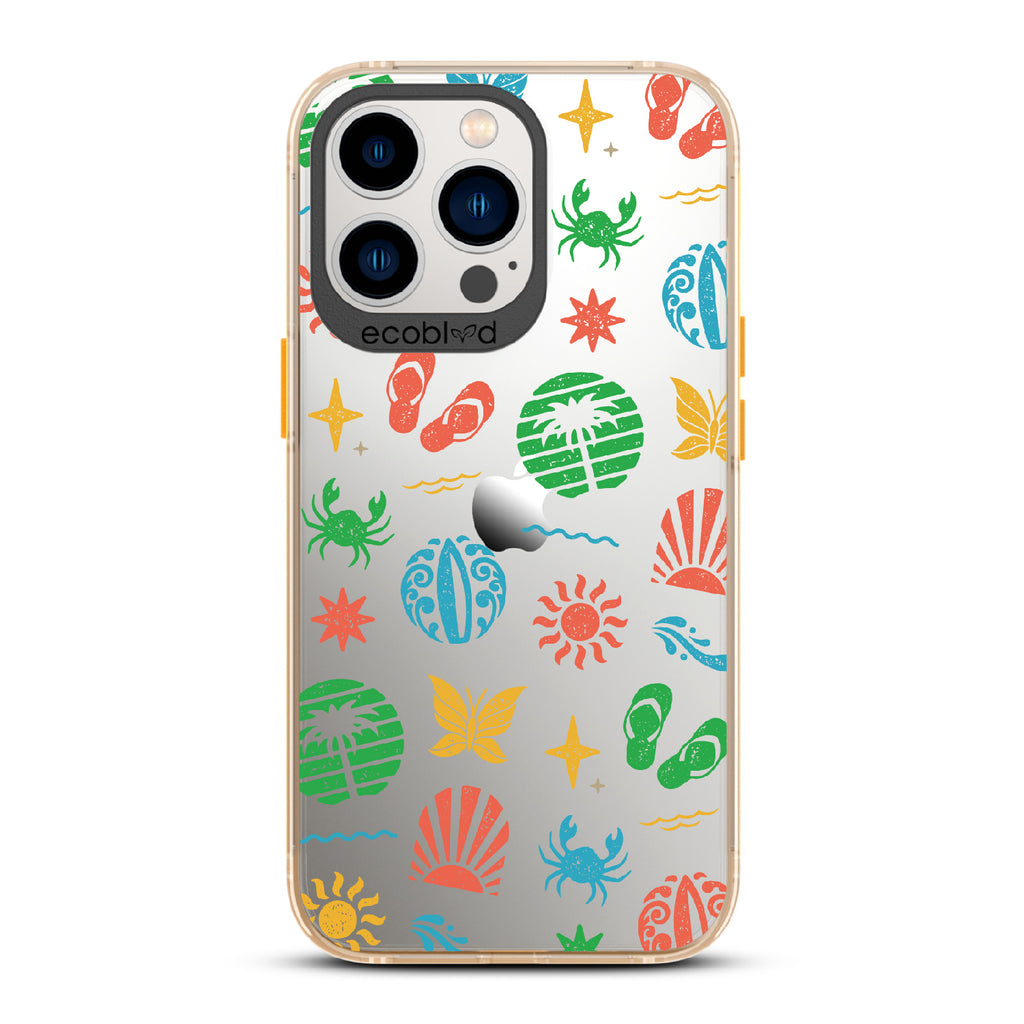 Island Time - Yellow Eco-Friendly iPhone 12/13 Pro Max Case With Surfboard Art Of Crabs, Sandals, Waves & More On A Clear Back