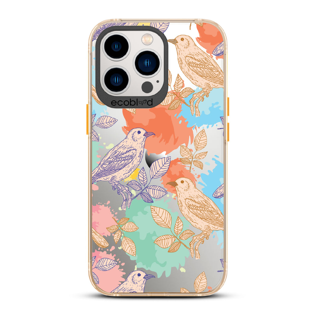 Perch Perfect - Yellow Eco-Friendly iPhone 13 Pro Case With Birds On Branches & Splashes Of Color On A Clear Back