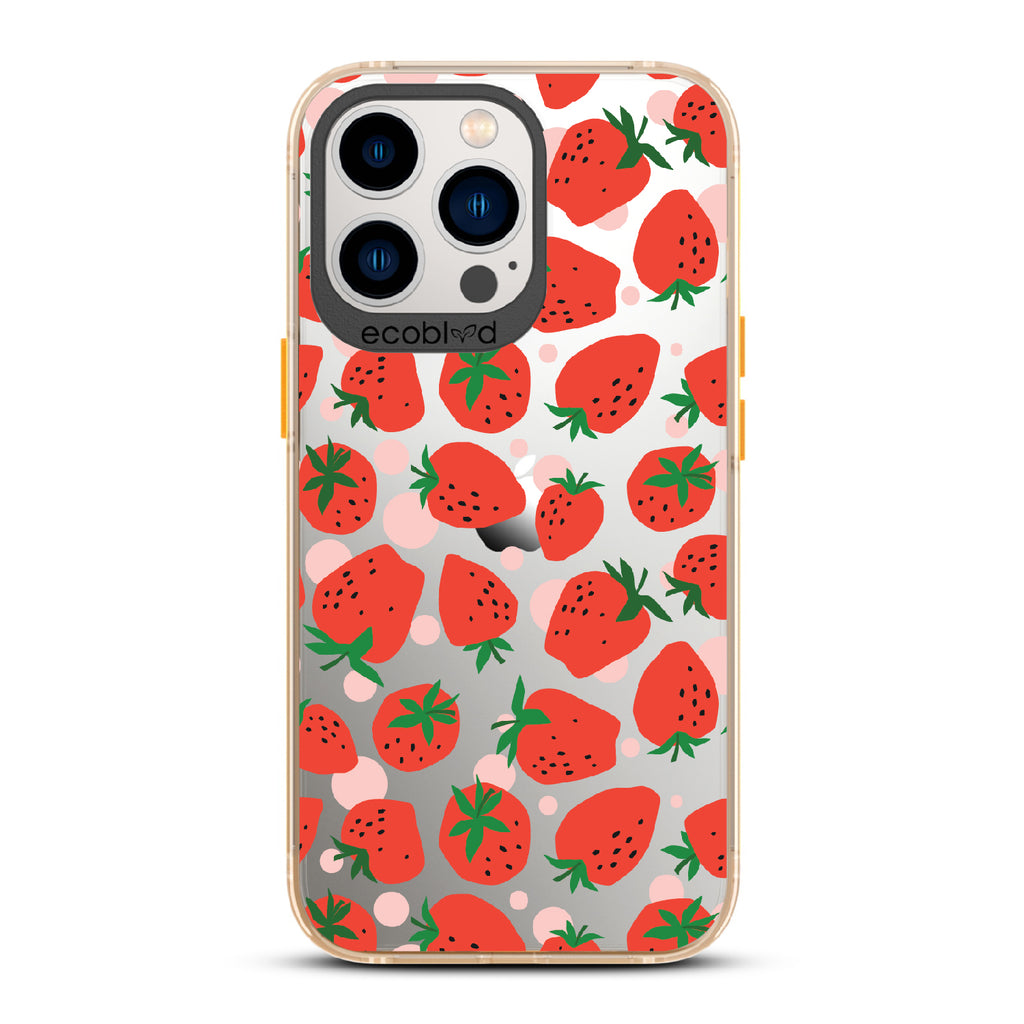 Strawberry Fields - Yellow Eco-Friendly iPhone 13 Pro Case With Strawberries On A Clear Back