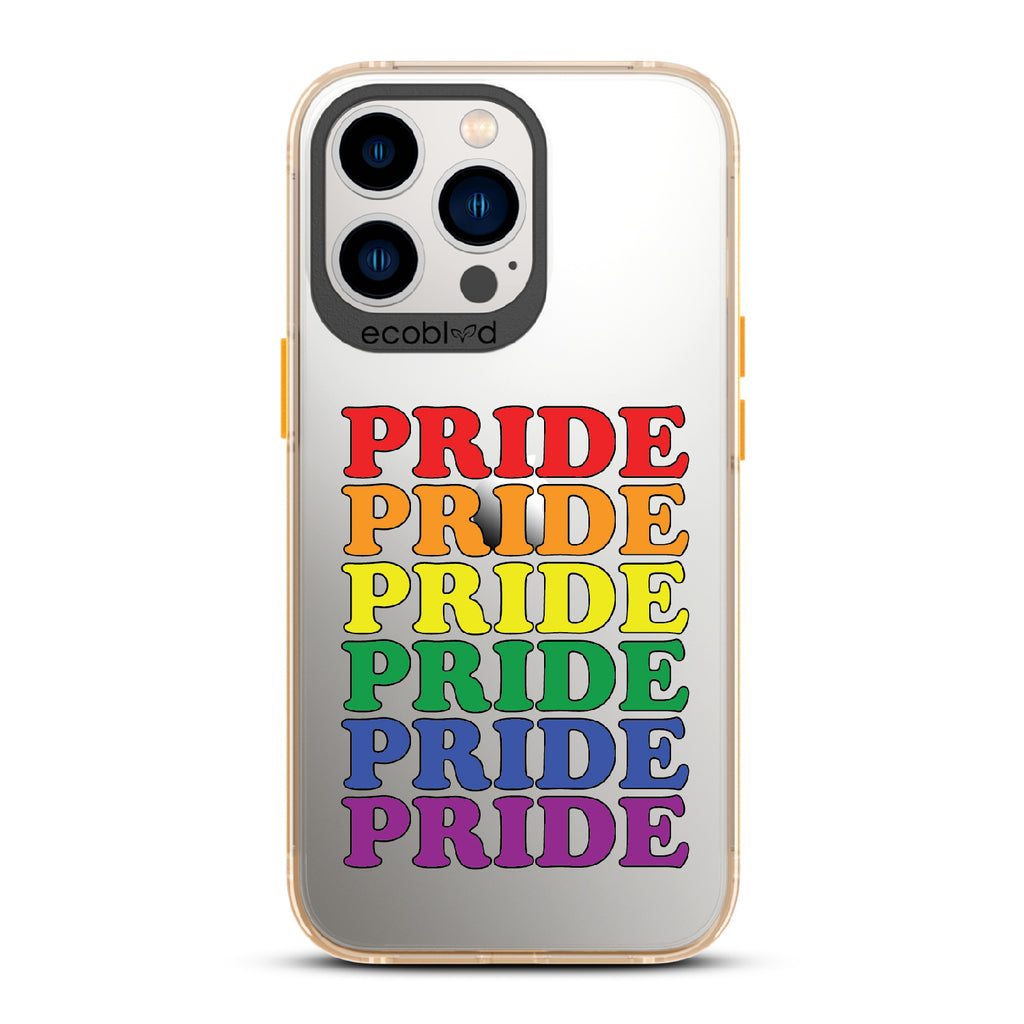 Pride Camp - Yellow Eco-Friendly iPhone 13 Pro Case With Pride Stacked In Multiple Rainbow Colors On A Clear Back