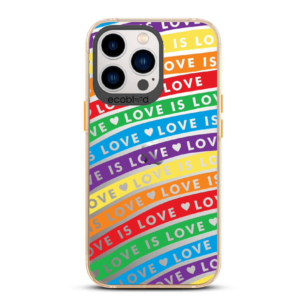 Love Unites All - Yellow Eco-Friendly iPhone 12/13 Pro Max Case With Love Is Love On Colored Lines Forming Rainbow On A Clear Back