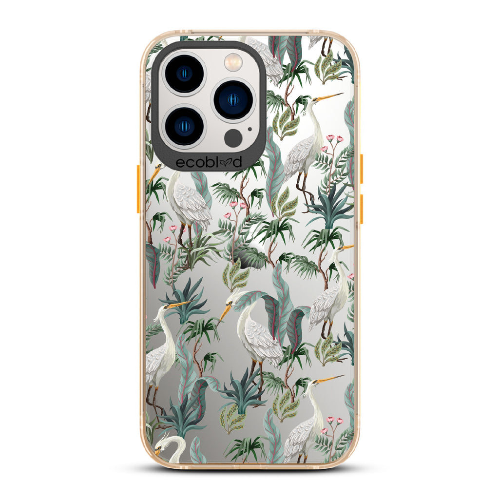 Flock Together - Yellow Eco-Friendly iPhone 12/13 Pro Max Case With Herons & Peonies On A Clear Back