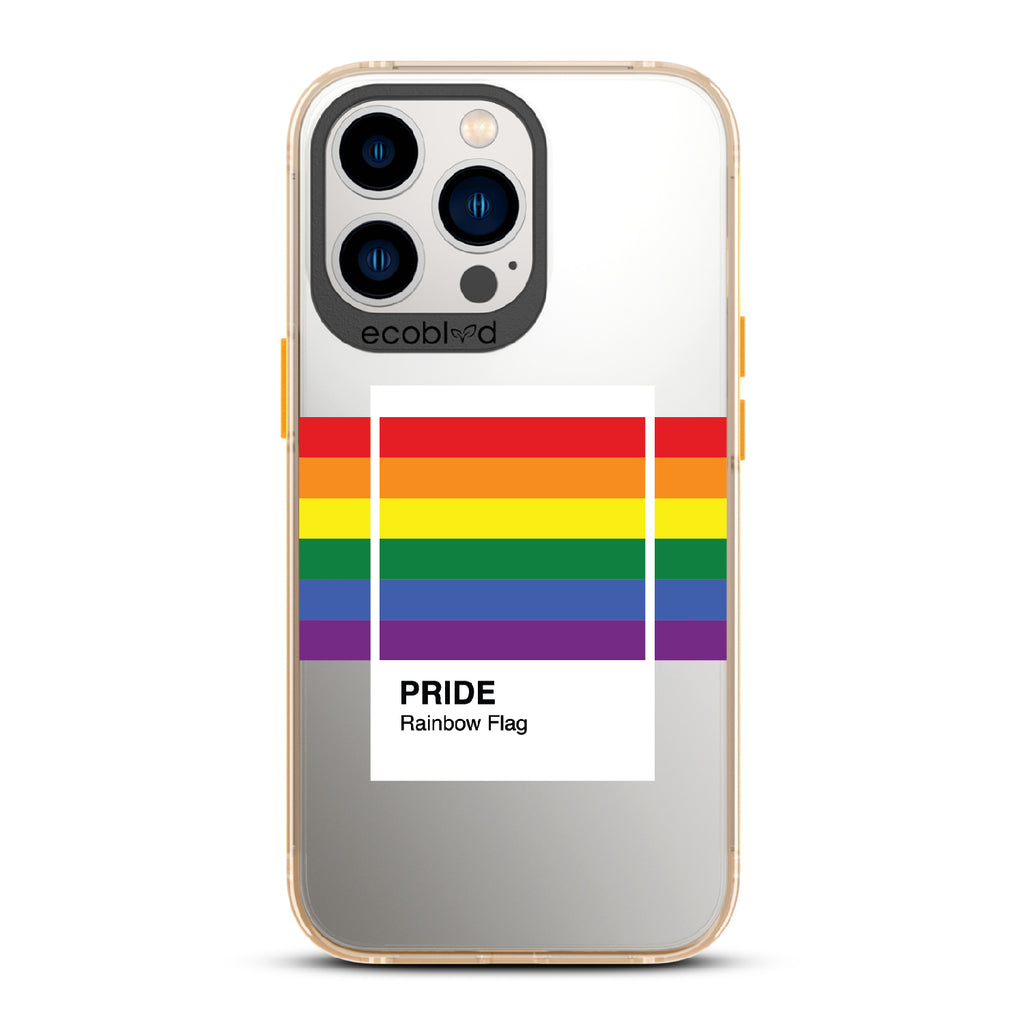 Colors Of Unity - Yellow Eco-Friendly iPhone 12/13 Pro Max Case With Pride Rainbow Flag As Pantone Swatch On A Clear Back