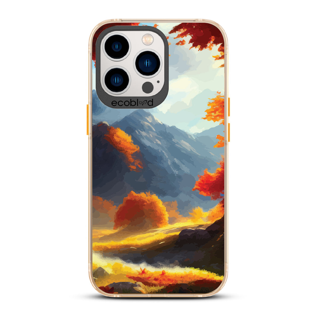 Autumn Canvas - Watercolored Fall Mountain Landscape - Eco-Friendly Clear iPhone 12/13 Pro Max Case With Yellow Rim