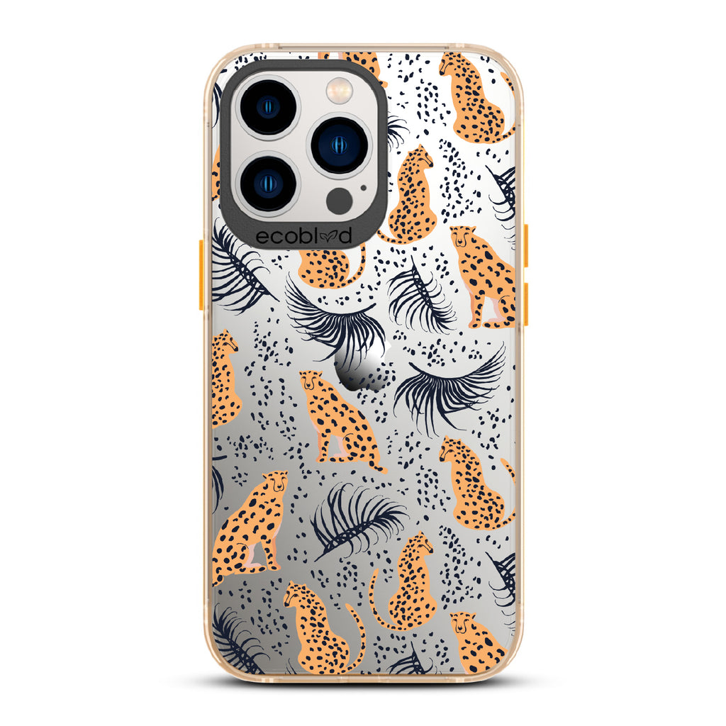  Feline Fierce - Yellow Eco-Friendly iPhone 13 Pro Case With Minimalist Cheetahs With Spots and Reeds On A Clear Back