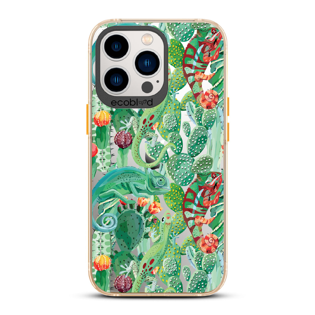 In Plain Sight - Yellow Eco-Friendly iPhone 13 Pro Case With Chameleons On Cacti On A Clear Back