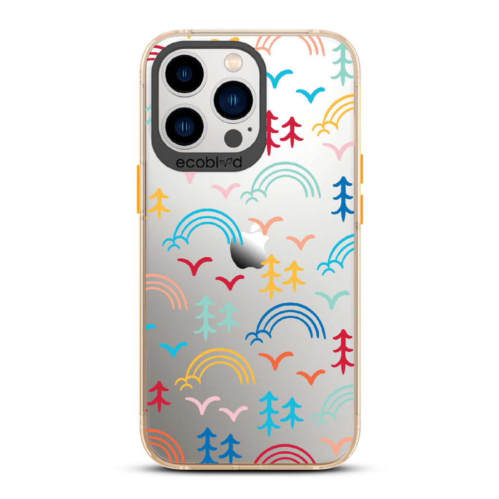 Happy Camper X Brave Trails - Yellow Eco-Friendly iPhone 13 Pro Case with Minimalist Trees, Birds, Rainbows On A Clear Back