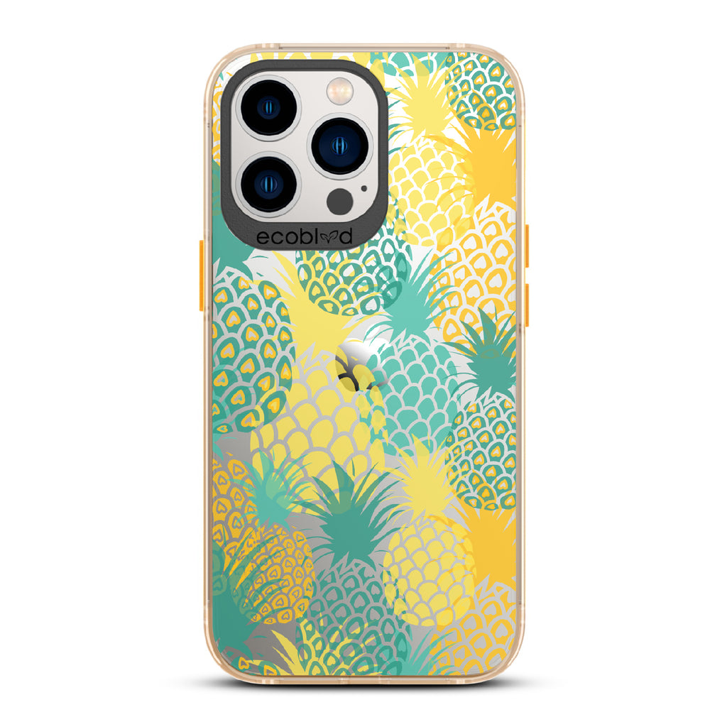 Pineapple Breeze - Yellow Eco-Friendly iPhone 12/13 Pro Max Case With Tropical Colored Pineapples On A Clear Back
