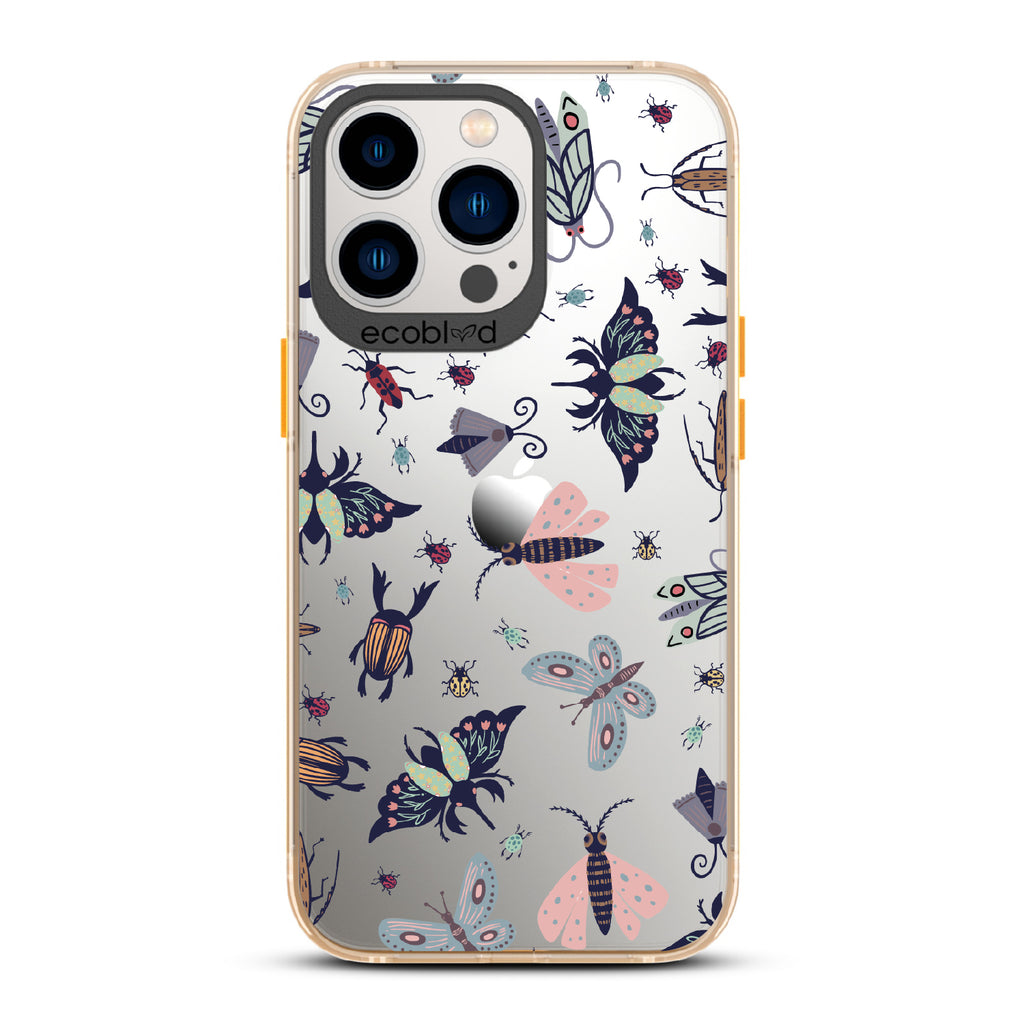 Bug Out - Yellow Eco-Friendly iPhone 12/13 Pro Max Case With Butterflies, Moths, Dragonflies, And Beetles On A Clear Back