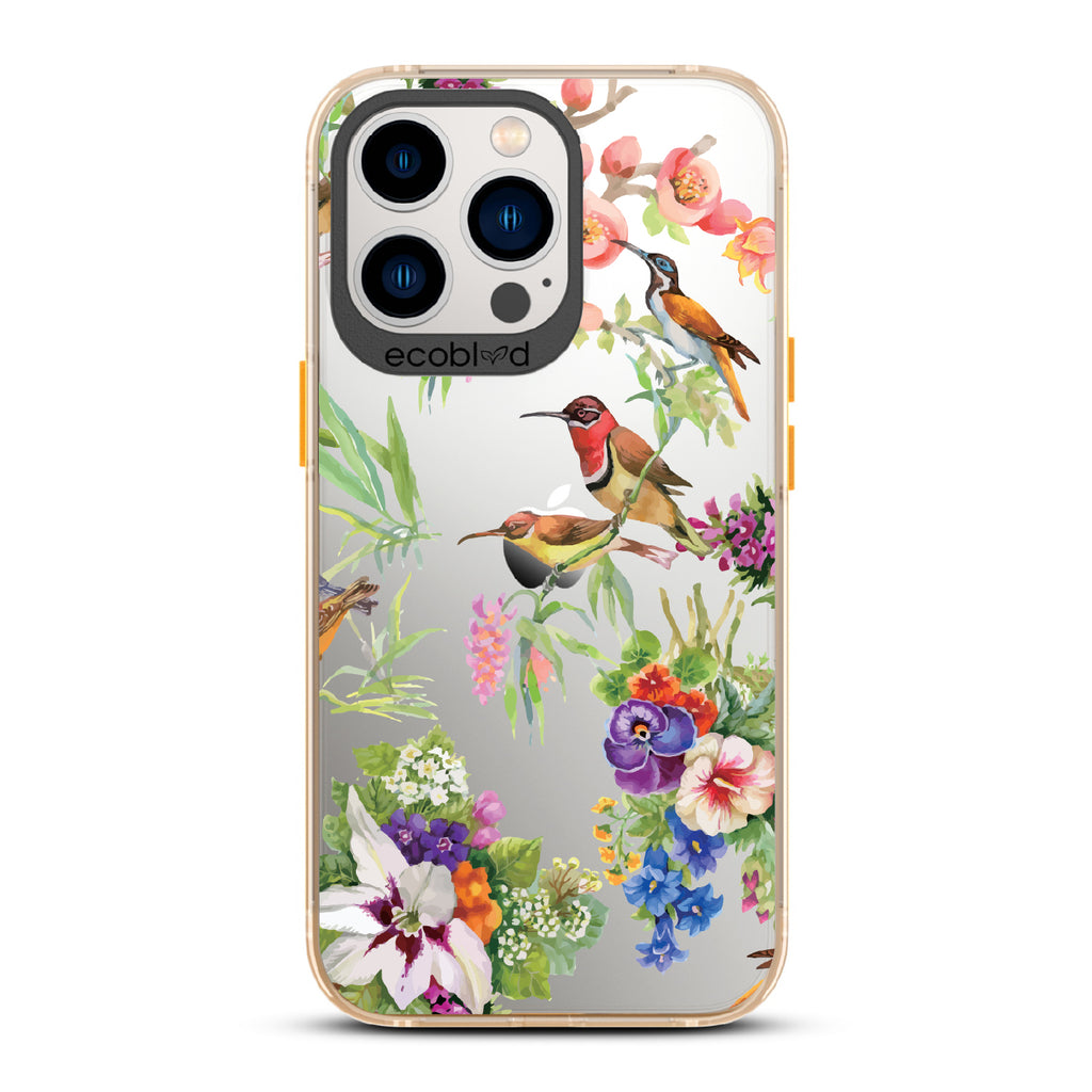 Sweet Nectar - Yellow Eco-Friendly iPhone 12/13 Pro Max Case With Humming Birds, Colorful Garden Flowers On A Clear Back