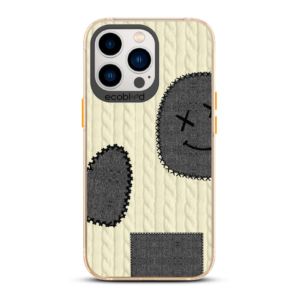 All Patched Up - Cable Knit With Patches of Heart + Happy Face - Eco-Friendly Clear iPhone 13 Pro Case With Yellow Rim