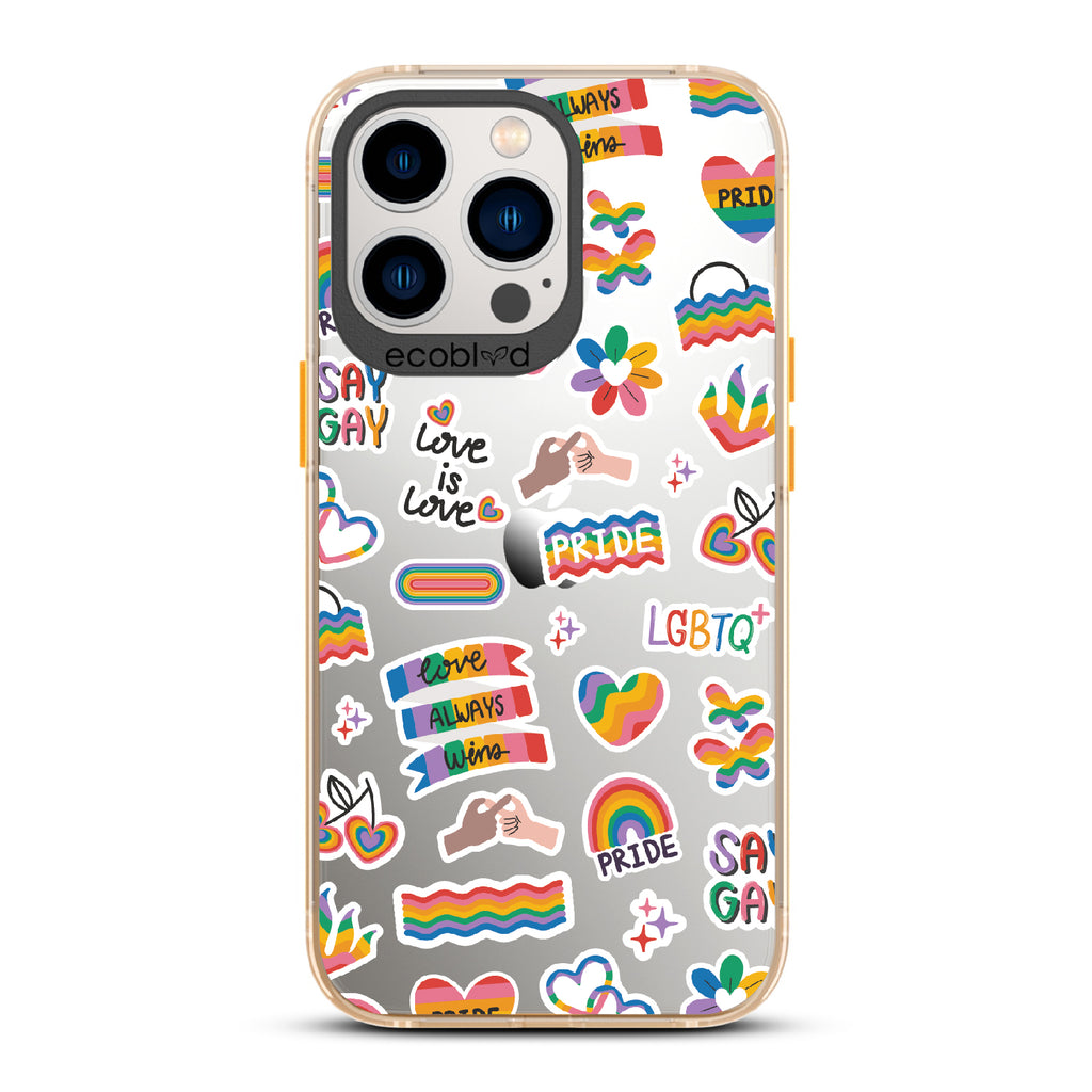 Loud And Proud - Yellow Eco-Friendly iPhone 13 Pro Case With Pride, Love Aways Wins + More Sticker-Like Prints On A Clear Back