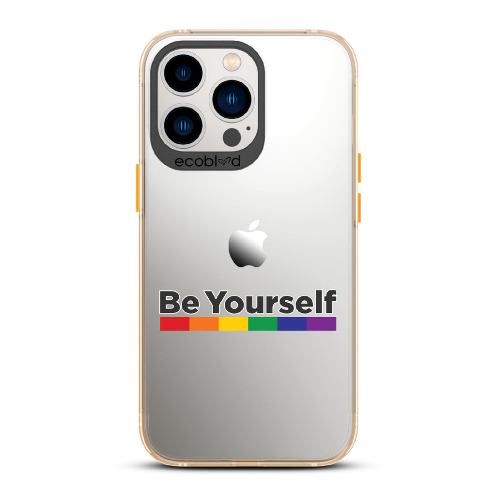 Be Yourself - Yellow Eco-Friendly iPhone 12/13 Pro Max Case With Be Yourself + Rainbow Gradient Line Under Text On A Clear Back