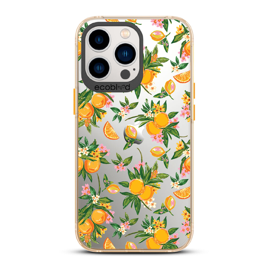 Orange Bliss - Yellow Eco-Friendly iPhone 12/13 Pro Max Case With Oranges, Orange Slices and Leaves On A Clear Back