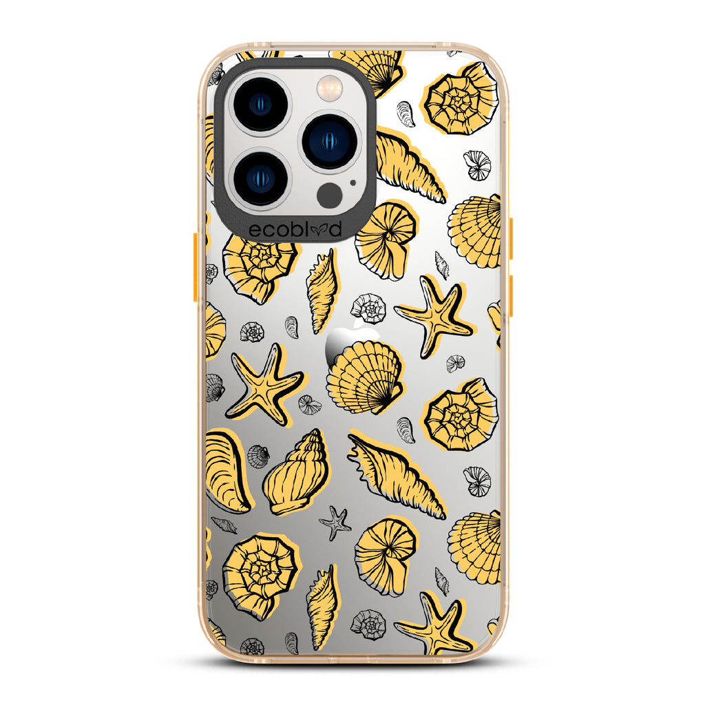 Seashells Seashore - Yellow Eco-Friendly iPhone 12/13 Pro Max Case With Seashells and Starfish On A Clear Back