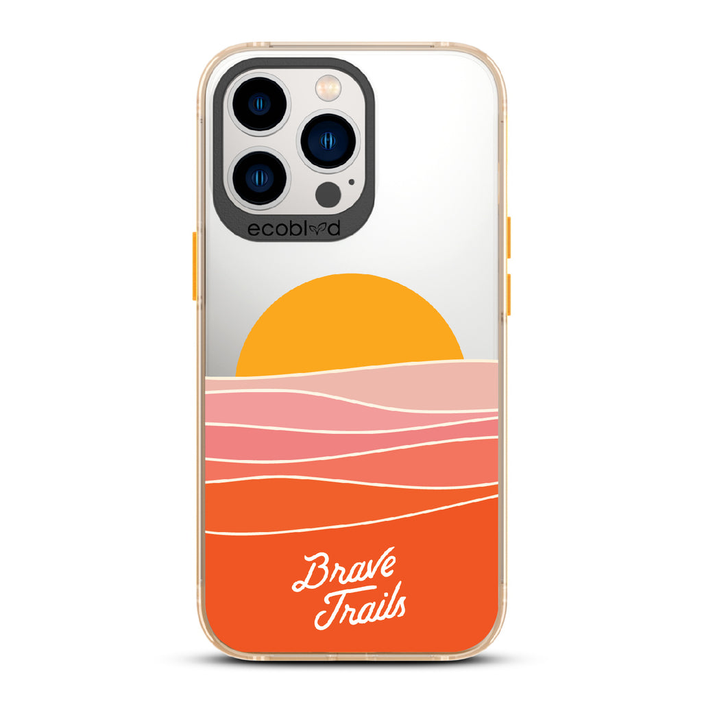 Enlightened X Brave Trails - Yellow Eco-Friendly iPhone 13 Pro Case with Sun Rising Over Minimalist Hillside On Clear Back