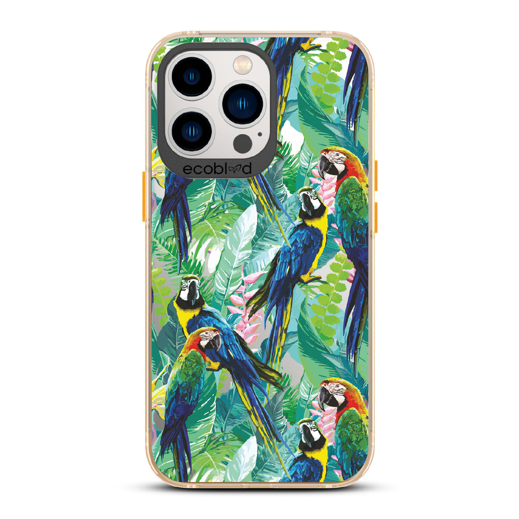 Macaw Medley - Yellow Eco-Friendly iPhone 13 Pro Case With Macaws & Tropical Leaves On A Clear Back