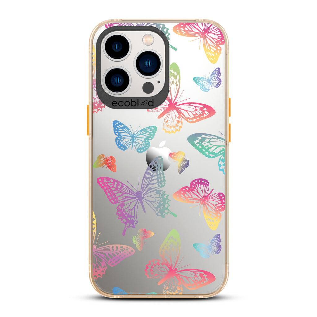 Butterfly Effect - Yellow Eco-Friendly iPhone 12/13 Pro Max Case With Multi-Colored Neon Butterflies On A Clear Back