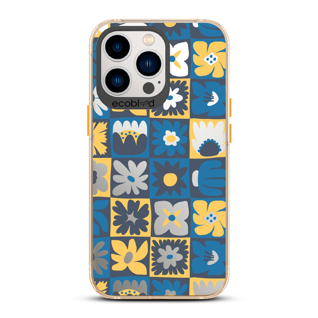 Paradise Blooms - Yellow Eco-Friendly iPhone 12/13 Pro Max Case With Tropical Floral Checker Print On A Clear Back
