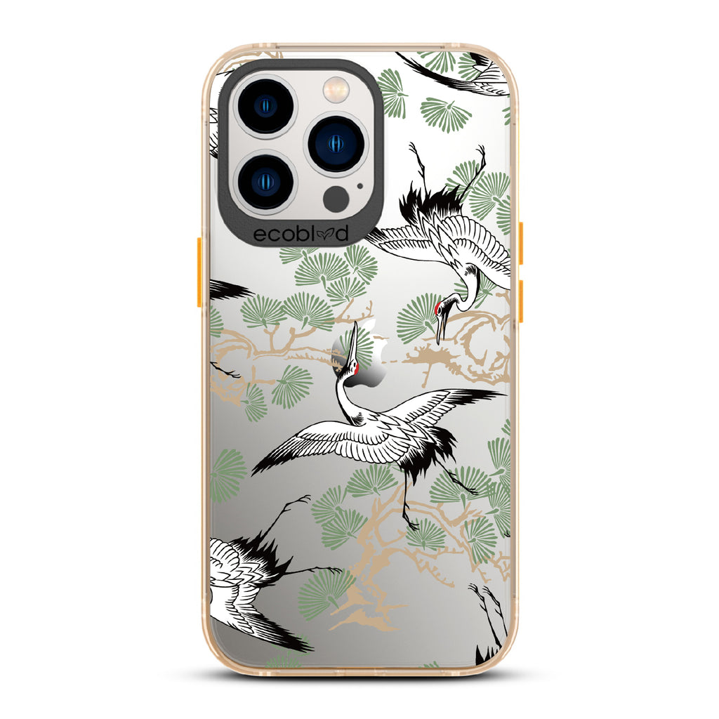 Graceful Crane - Yellow Eco-Friendly iPhone 13 Pro Case With Japanese Cranes Atop Branches On A Clear Back