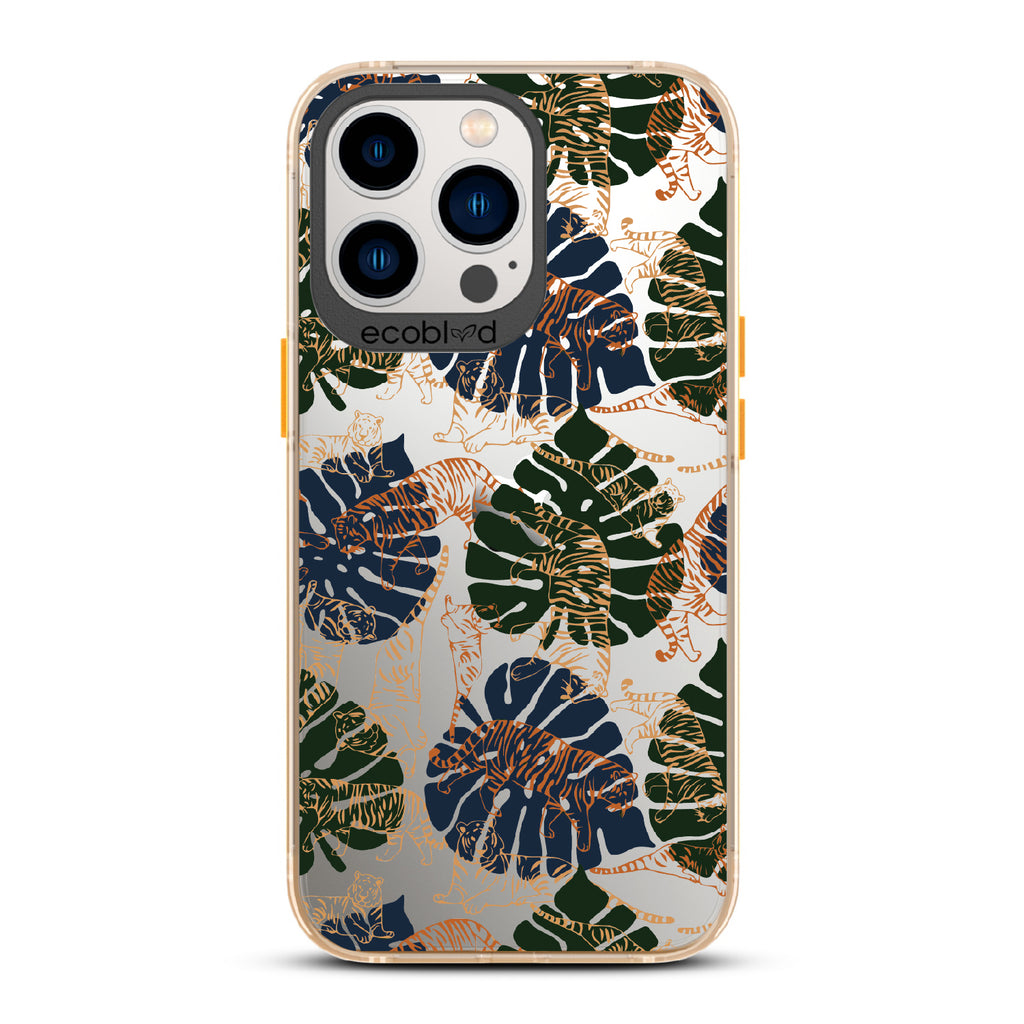 Tropic Roar - Yellow Eco-Friendly iPhone 13 Pro Case With Jungle Leaves & Orange / Yellow Tiger Outlines On A Clear Back
