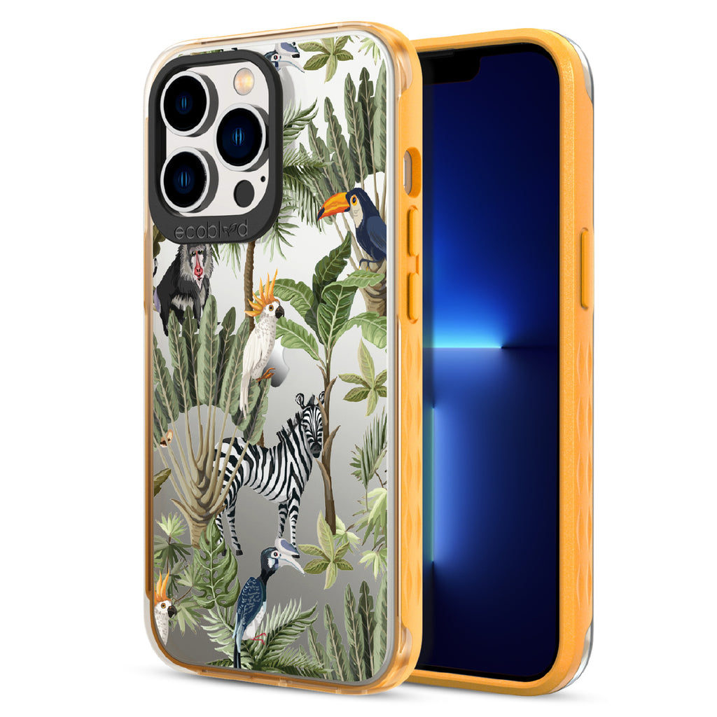 Toucan Play That Game - Back View Of Yellow & Clear Eco-Friendly iPhone 13 Pro Case & A Front View Of The Screen