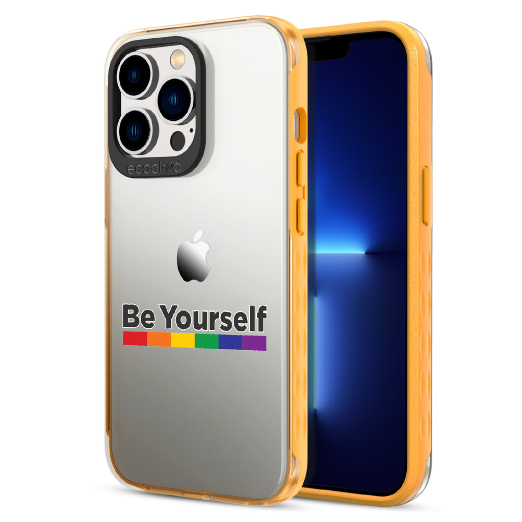 Be Yourself - Back View Of Yellow & Clear Eco-Friendly iPhone 12/13 Pro Max Case & A Front View Of The Screen