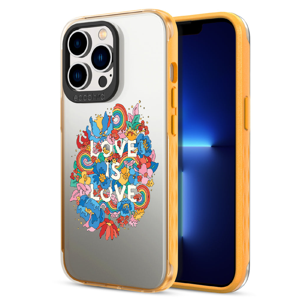 Ever-Blooming Love - Yellow Eco-Friendly iPhone 12/13 Pro Max Case With Rainbows + Flowers, Love Is Love On A Clear Back