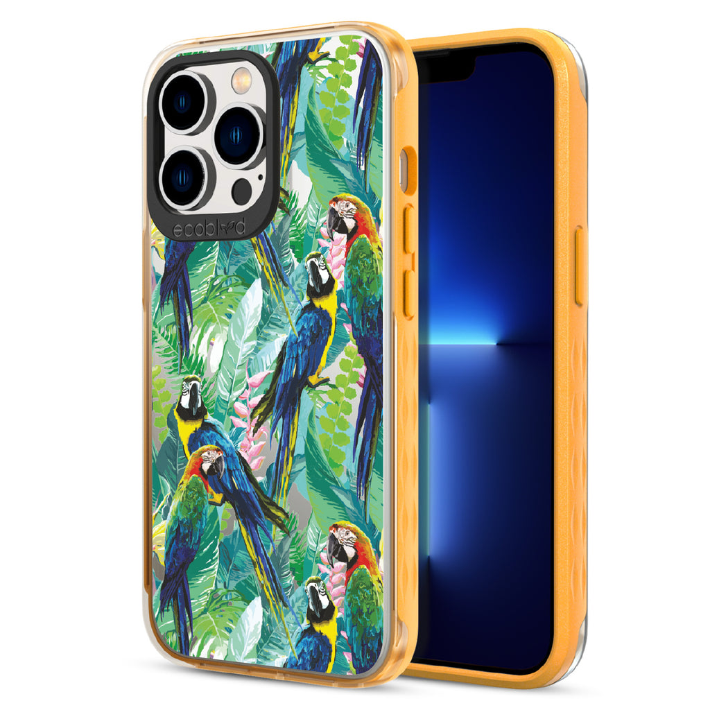 Macaw Medley - Back View Of Yellow & Clear Eco-Friendly iPhone 13 Pro Case & A Front View Of The Screen