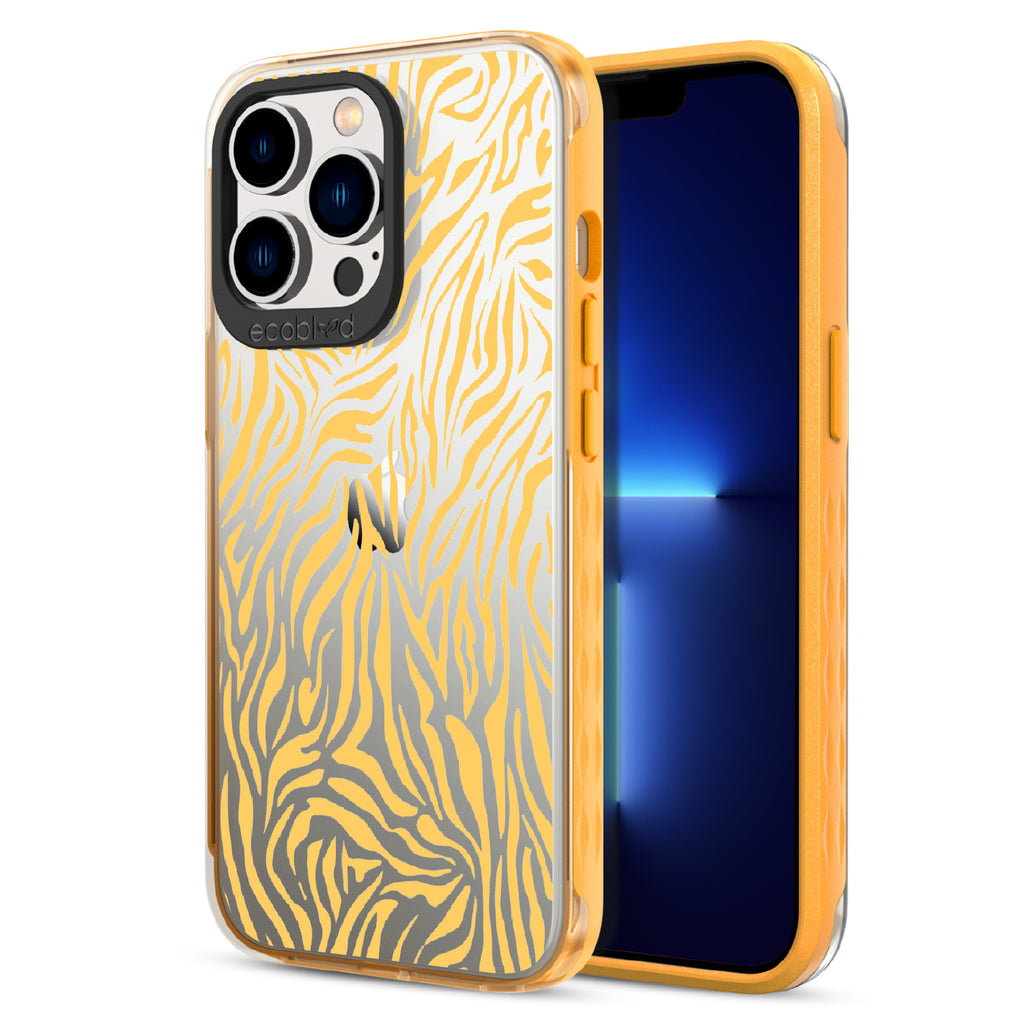 Zebra Print - Back View Of Yellow & Clear Eco-Friendly iPhone 12/13 Pro Max Case & A Front View Of The Screen