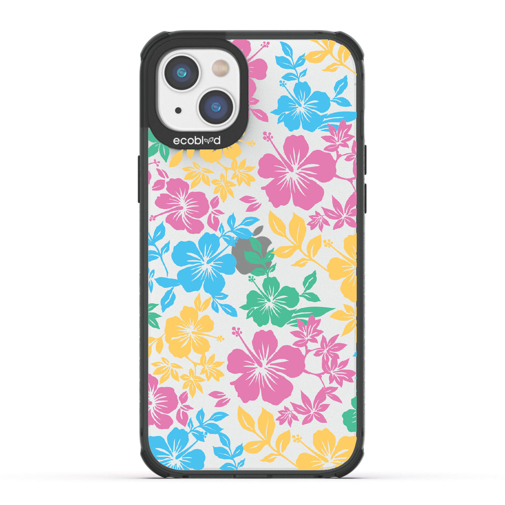 Lei'd Back - Black Eco-Friendly iPhone 14 Plus Case With Colorful Hawaiian Hibiscus Floral Print On A Clear Back