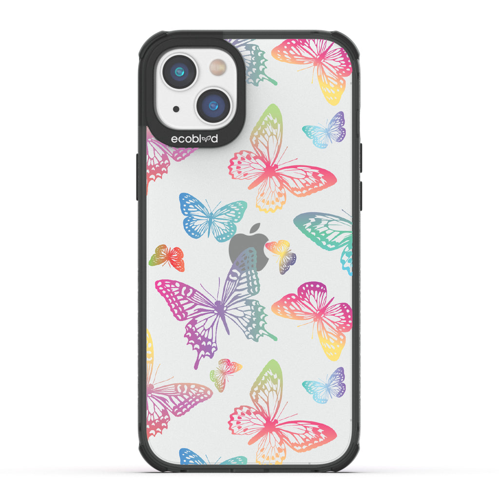 Butterfly Effect - Black Eco-Friendly iPhone 14 Case With Multi-Colored Neon Butterflies On A Clear Back