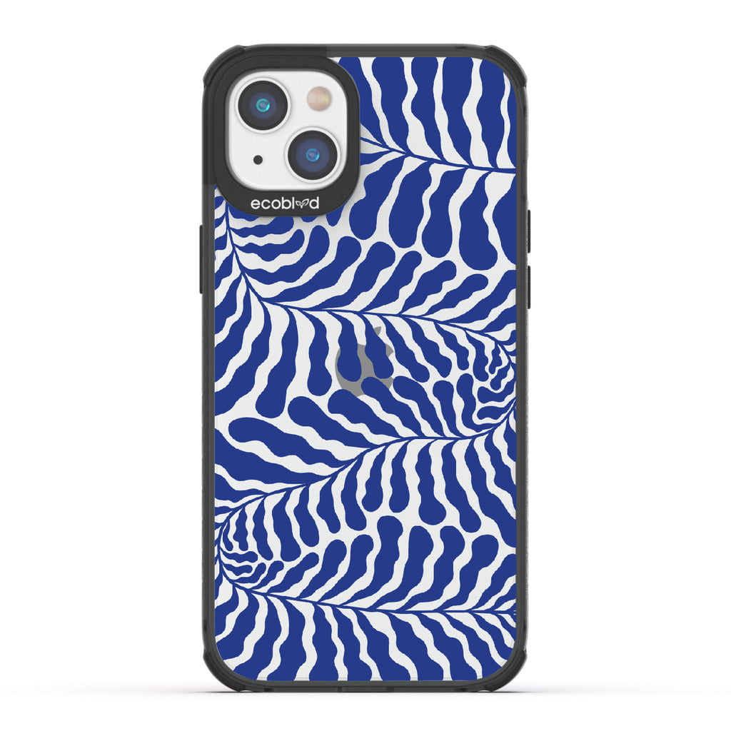 Blue Lagoon - Black Eco-Friendly iPhone 14 Case With Abstract Tropical Blue Seaweed On A Clear Back